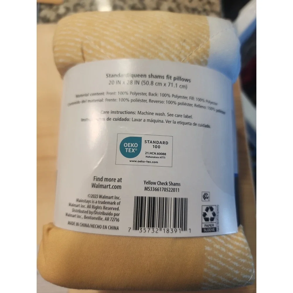Mainstays Standard/Queen Quilted Pillow Shams 2 Yellow Check New